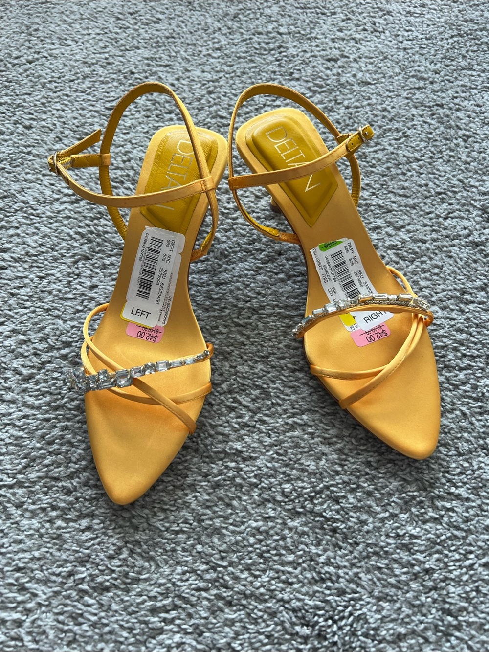 Delta Yellow Satin Crystal-Strap Pointed-Toe Heels